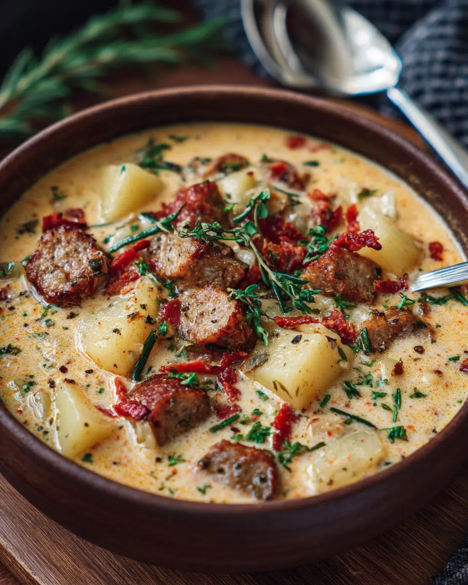 Craving ultimate comfort food? I'm Obsessed With This Creamy Potato Sausage Soup that's ready in 30 minutes! Perfect for busy weeknights. Discover now