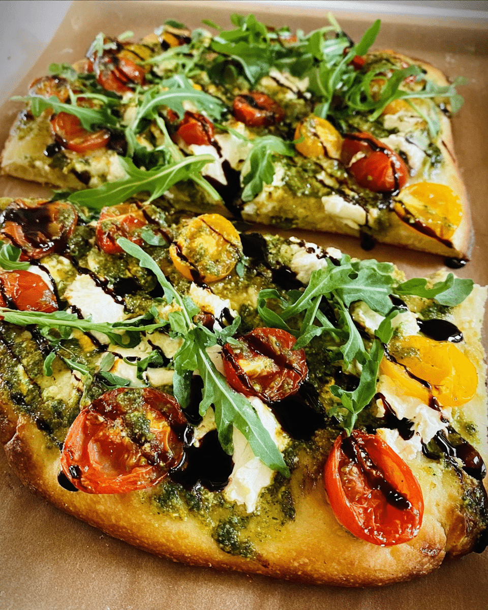 Craving a gourmet flatbread that impresses? Learn how to make a mouthwatering Roasted Tomato & Goat Cheese Flatbread with Pesto & Arugula that's restaurant-quality in minutes. Discover now!