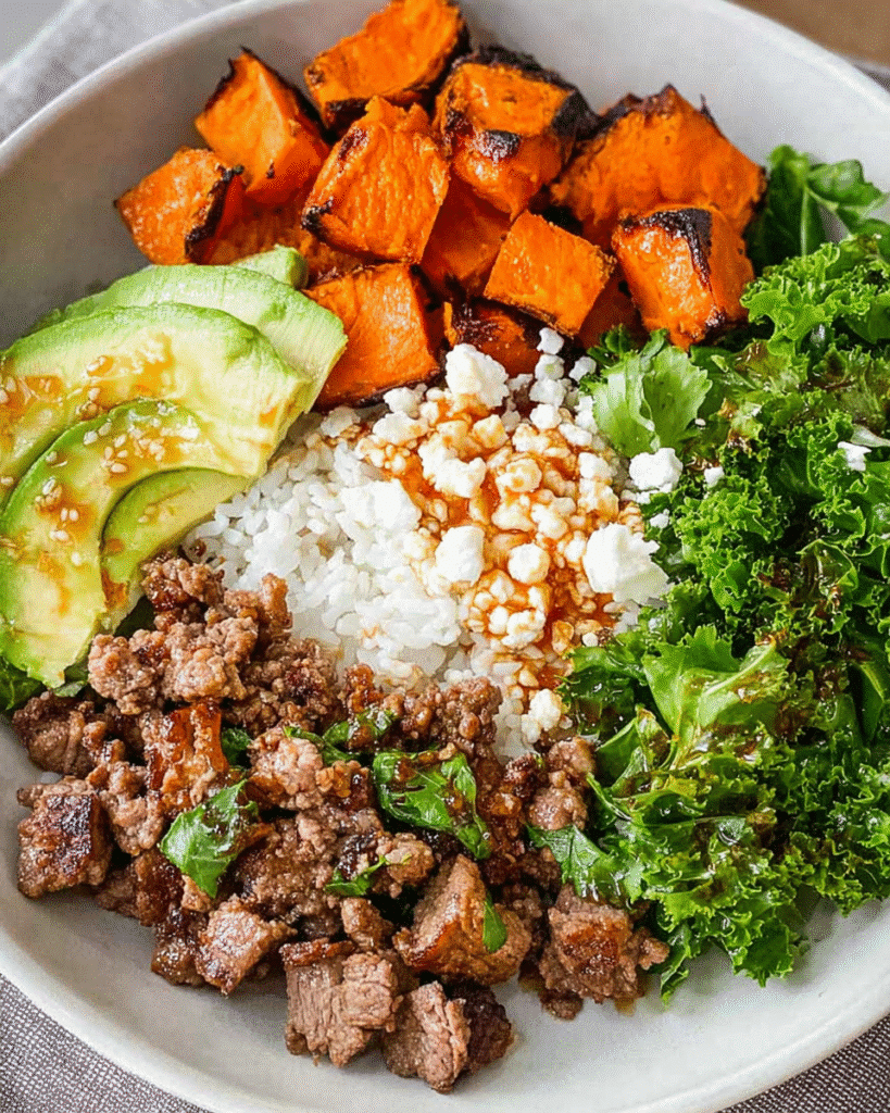 Sweet Potato Beef Bowl: Spicy Hot Honey Drizzle Delight!