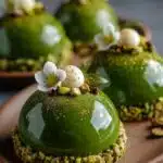 Emerald Matcha Pistachio Praline Domes are the kind of dessert that instantly makes any table feel luxurious. Their deep emerald mirror glaze catches the light like a polished gemstone, while the silky matcha mousse hides a rich pistachio praline center with just the right amount of crunch. Every bite offers a beautiful contrast of creamy, nutty, and slightly earthy flavors that somehow feel both indulgent and surprisingly balanced. The first time I experimented with matcha in a mousse dessert, I worried it might overpower everything else. Instead, it paired perfectly with roasted pistachios and creamy white chocolate. That subtle bitterness is exactly what keeps these domes from feeling too sweet. If you're looking for a dessert worthy of birthdays, dinner parties, weddings, or festive celebrations, these elegant domes are guaranteed to impress. If you enjoy gourmet desserts that look like they came straight from a luxury pastry shop, subscribe to our newsletter and receive exclusive recipes delivered directly to your inbox. Why You'll Love These Emerald Matcha Pistachio Praline Domes This elegant dessert offers far more than beautiful presentation. Here's why you'll want to make it again and again: No baking required Stunning emerald mirror glaze Creamy matcha mousse Crunchy pistachio praline center Rich yet balanced flavor Perfect make-ahead dessert Freezer friendly Restaurant-quality presentation Ideal for holidays and celebrations The combination of earthy matcha, buttery pistachios, creamy white chocolate, and crisp praline creates an unforgettable dessert that's both sophisticated and comforting. Ingredients Matcha Mousse Ingredient Amount Cream cheese, softened 450 g Heavy whipping cream 300 ml White chocolate, melted 180 g Powdered sugar 120 g Culinary-grade matcha powder 2 tbsp Vanilla extract 1 tsp Gelatin powder 2 tsp Cold water 3 tbsp Pistachio Praline Center Ingredient Amount Shelled pistachios 150 g Granulated sugar 100 g Butter 1 tbsp Heavy cream 2 tbsp Sea salt Pinch Emerald Mirror Glaze Ingredient Amount White chocolate 220 g Sweetened condensed milk 150 ml Sugar 150 g Water 120 ml Gelatin powder 10 g Green food coloring As needed Emerald edible shimmer Optional Kitchen Tools Before starting, gather the following: Silicone dome molds Electric mixer Food processor Saucepan Offset spatula Wire rack Fine mesh sieve Silicone spatula Mixing bowls Kitchen thermometer Ingredient Substitutions Need to adjust the recipe? Here are a few options. Mascarpone can replace the cream cheese for a richer mousse. Almonds may replace pistachios if necessary. Dark chocolate can replace white chocolate for a deeper flavor. Agar-agar can substitute gelatin following package directions. Vanilla bean paste may replace vanilla extract for extra flavor. How to Make Emerald Matcha Pistachio Praline Domes Step 1: Prepare the Pistachio Praline Toast the pistachios in a dry skillet until fragrant. Meanwhile, melt the sugar in a saucepan over medium heat until it becomes a deep amber caramel. Add the toasted pistachios and butter, stirring until evenly coated. Spread the mixture onto parchment paper and allow it to cool completely. Break the praline into pieces and pulse half of it in a food processor with the heavy cream until it becomes a thick paste. Reserve the remaining pieces for garnish. Freeze small portions of the praline filling until firm. Step 2: Prepare the Matcha Mousse Beat the softened cream cheese until smooth. Mix in the powdered sugar and vanilla extract. Whisk the matcha powder with a small amount of warm cream to remove any lumps before adding it to the mixture. Bloom the gelatin in cold water, melt gently, and stir it into the mousse. Whip the heavy cream until soft peaks form and carefully fold it into the mixture along with the melted white chocolate. The mousse should be silky, airy, and a vibrant natural green. Step 3: Assemble the Domes Fill each silicone mold halfway with the matcha mousse. Place one frozen pistachio praline center in the middle. Cover completely with more mousse. Smooth the tops using an offset spatula. Freeze overnight until completely firm. Honestly, this overnight freezing step makes all the difference. It gives you perfectly shaped domes that are easy to glaze. Step 4: Make the Emerald Mirror Glaze Bloom the gelatin. Heat the water and sugar until dissolved. Remove from the heat and stir in the condensed milk, gelatin, and chopped white chocolate. Blend until smooth. Add green food coloring a little at a time until you achieve a rich emerald shade. Strain the glaze through a fine sieve and allow it to cool to about 33°C. Step 5: Glaze the Domes Place the frozen domes on a wire rack over a baking tray. Slowly pour the emerald glaze over each dome in one continuous motion. Allow the excess glaze to drip away. Decorate with chopped pistachios, edible gold leaf, or a light dusting of matcha powder for an elegant finish. Serving Suggestions These luxurious domes pair wonderfully with: Fresh raspberries Strawberries White chocolate curls Roasted pistachios Matcha tea Espresso Fresh mint Vanilla whipped cream Serve them well chilled for the smoothest texture and cleanest slices. Expert Tips Professional-looking results are easier than you might think. Freeze the domes completely before glazing. Sift the matcha powder to prevent lumps. Use high-quality culinary matcha. Strain the mirror glaze for a flawless finish. Pour the glaze only once. Decorate while the glaze is still slightly tacky. The first time you see that emerald glaze shine like polished glass, you'll understand why mirror-glazed desserts are so popular. Storage Instructions Store the finished domes in an airtight container in the refrigerator for up to four days. Freeze unglazed domes for up to two months. Allow frozen desserts to thaw overnight in the refrigerator before serving. Nutritional Information (Approximate Per Serving) Nutrient Amount Calories 385 Protein 7 g Fat 29 g Carbohydrates 27 g Sugar 22 g Fiber 2 g Sodium 180 mg Frequently Asked Questions Can I make these ahead of time? Yes. The domes freeze beautifully, making them an excellent make-ahead dessert. Can I use ceremonial matcha? You can, but culinary-grade matcha is more economical and performs better in desserts. Why did my mirror glaze slide off? The domes were likely not frozen enough, or the glaze was too warm. Can I skip the praline center? Absolutely. The mousse alone is delicious, although the crunchy praline adds wonderful texture and contrast. Conclusion Emerald Matcha Pistachio Praline Domes combine smooth matcha mousse, buttery pistachio praline, and a brilliant emerald mirror glaze into a dessert that's every bit as beautiful as it is delicious. Each bite balances creamy, crunchy, earthy, and sweet flavors, creating an unforgettable experience worthy of the finest pastry shops. Whether you're celebrating a birthday, hosting an elegant dinner, or simply challenging yourself with a gourmet dessert project, these Emerald Matcha Pistachio Praline Domes are guaranteed to impress. Once you've mastered them, you'll have a stunning centerpiece that looks almost too beautiful to eat. If you try this recipe, leave a review below, share your photos on Pinterest, and inspire other dessert lovers with your own Emerald Matcha Pistachio Praline Domes.