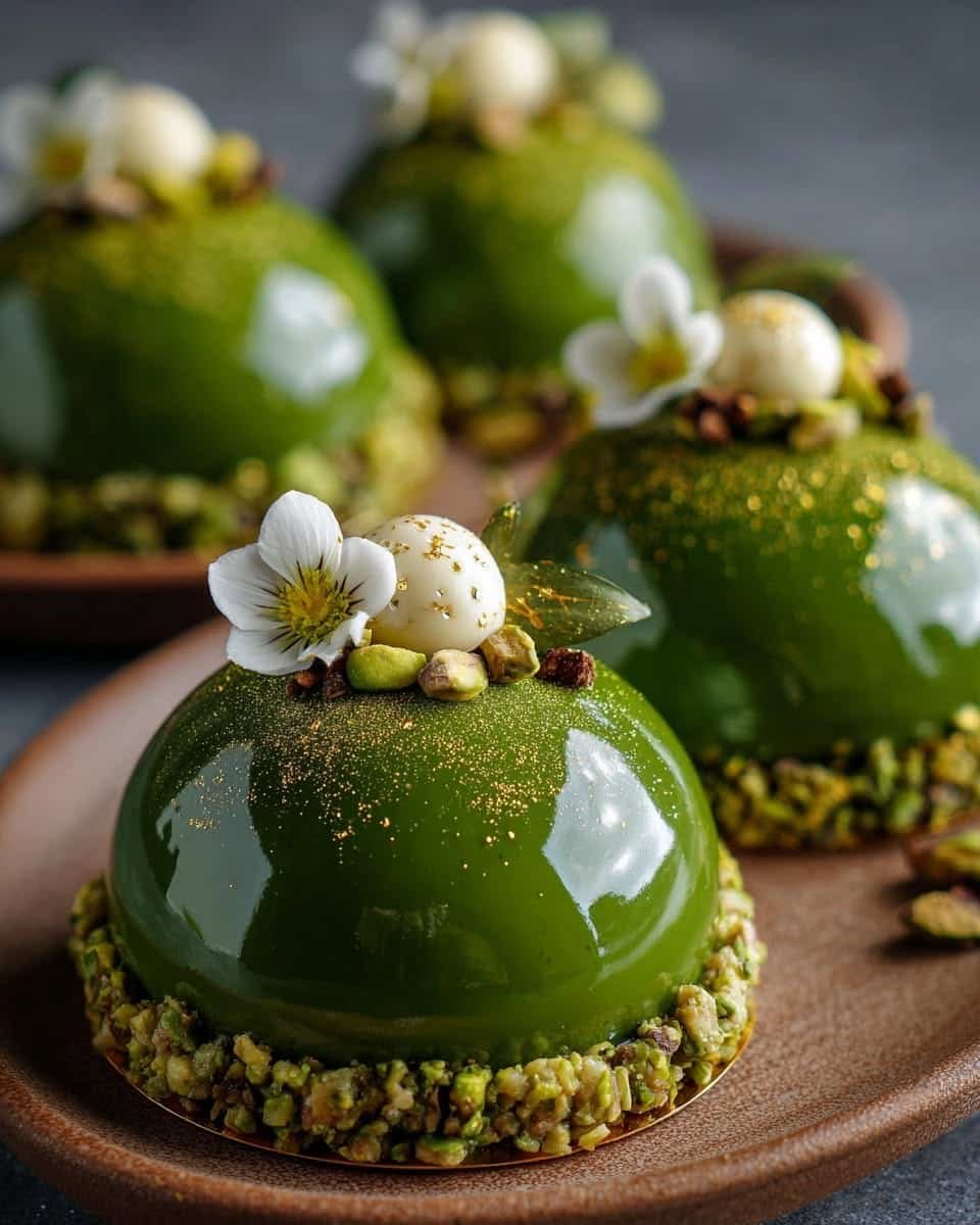 Emerald Matcha Pistachio Praline Domes are the kind of dessert that instantly makes any table feel luxurious. Their deep emerald mirror glaze catches the light like a polished gemstone, while the silky matcha mousse hides a rich pistachio praline center with just the right amount of crunch. Every bite offers a beautiful contrast of creamy, nutty, and slightly earthy flavors that somehow feel both indulgent and surprisingly balanced. The first time I experimented with matcha in a mousse dessert, I worried it might overpower everything else. Instead, it paired perfectly with roasted pistachios and creamy white chocolate. That subtle bitterness is exactly what keeps these domes from feeling too sweet. If you're looking for a dessert worthy of birthdays, dinner parties, weddings, or festive celebrations, these elegant domes are guaranteed to impress. If you enjoy gourmet desserts that look like they came straight from a luxury pastry shop, subscribe to our newsletter and receive exclusive recipes delivered directly to your inbox. Why You'll Love These Emerald Matcha Pistachio Praline Domes This elegant dessert offers far more than beautiful presentation. Here's why you'll want to make it again and again: No baking required Stunning emerald mirror glaze Creamy matcha mousse Crunchy pistachio praline center Rich yet balanced flavor Perfect make-ahead dessert Freezer friendly Restaurant-quality presentation Ideal for holidays and celebrations The combination of earthy matcha, buttery pistachios, creamy white chocolate, and crisp praline creates an unforgettable dessert that's both sophisticated and comforting. Ingredients Matcha Mousse Ingredient Amount Cream cheese, softened 450 g Heavy whipping cream 300 ml White chocolate, melted 180 g Powdered sugar 120 g Culinary-grade matcha powder 2 tbsp Vanilla extract 1 tsp Gelatin powder 2 tsp Cold water 3 tbsp Pistachio Praline Center Ingredient Amount Shelled pistachios 150 g Granulated sugar 100 g Butter 1 tbsp Heavy cream 2 tbsp Sea salt Pinch Emerald Mirror Glaze Ingredient Amount White chocolate 220 g Sweetened condensed milk 150 ml Sugar 150 g Water 120 ml Gelatin powder 10 g Green food coloring As needed Emerald edible shimmer Optional Kitchen Tools Before starting, gather the following: Silicone dome molds Electric mixer Food processor Saucepan Offset spatula Wire rack Fine mesh sieve Silicone spatula Mixing bowls Kitchen thermometer Ingredient Substitutions Need to adjust the recipe? Here are a few options. Mascarpone can replace the cream cheese for a richer mousse. Almonds may replace pistachios if necessary. Dark chocolate can replace white chocolate for a deeper flavor. Agar-agar can substitute gelatin following package directions. Vanilla bean paste may replace vanilla extract for extra flavor. How to Make Emerald Matcha Pistachio Praline Domes Step 1: Prepare the Pistachio Praline Toast the pistachios in a dry skillet until fragrant. Meanwhile, melt the sugar in a saucepan over medium heat until it becomes a deep amber caramel. Add the toasted pistachios and butter, stirring until evenly coated. Spread the mixture onto parchment paper and allow it to cool completely. Break the praline into pieces and pulse half of it in a food processor with the heavy cream until it becomes a thick paste. Reserve the remaining pieces for garnish. Freeze small portions of the praline filling until firm. Step 2: Prepare the Matcha Mousse Beat the softened cream cheese until smooth. Mix in the powdered sugar and vanilla extract. Whisk the matcha powder with a small amount of warm cream to remove any lumps before adding it to the mixture. Bloom the gelatin in cold water, melt gently, and stir it into the mousse. Whip the heavy cream until soft peaks form and carefully fold it into the mixture along with the melted white chocolate. The mousse should be silky, airy, and a vibrant natural green. Step 3: Assemble the Domes Fill each silicone mold halfway with the matcha mousse. Place one frozen pistachio praline center in the middle. Cover completely with more mousse. Smooth the tops using an offset spatula. Freeze overnight until completely firm. Honestly, this overnight freezing step makes all the difference. It gives you perfectly shaped domes that are easy to glaze. Step 4: Make the Emerald Mirror Glaze Bloom the gelatin. Heat the water and sugar until dissolved. Remove from the heat and stir in the condensed milk, gelatin, and chopped white chocolate. Blend until smooth. Add green food coloring a little at a time until you achieve a rich emerald shade. Strain the glaze through a fine sieve and allow it to cool to about 33°C. Step 5: Glaze the Domes Place the frozen domes on a wire rack over a baking tray. Slowly pour the emerald glaze over each dome in one continuous motion. Allow the excess glaze to drip away. Decorate with chopped pistachios, edible gold leaf, or a light dusting of matcha powder for an elegant finish. Serving Suggestions These luxurious domes pair wonderfully with: Fresh raspberries Strawberries White chocolate curls Roasted pistachios Matcha tea Espresso Fresh mint Vanilla whipped cream Serve them well chilled for the smoothest texture and cleanest slices. Expert Tips Professional-looking results are easier than you might think. Freeze the domes completely before glazing. Sift the matcha powder to prevent lumps. Use high-quality culinary matcha. Strain the mirror glaze for a flawless finish. Pour the glaze only once. Decorate while the glaze is still slightly tacky. The first time you see that emerald glaze shine like polished glass, you'll understand why mirror-glazed desserts are so popular. Storage Instructions Store the finished domes in an airtight container in the refrigerator for up to four days. Freeze unglazed domes for up to two months. Allow frozen desserts to thaw overnight in the refrigerator before serving. Nutritional Information (Approximate Per Serving) Nutrient Amount Calories 385 Protein 7 g Fat 29 g Carbohydrates 27 g Sugar 22 g Fiber 2 g Sodium 180 mg Frequently Asked Questions Can I make these ahead of time? Yes. The domes freeze beautifully, making them an excellent make-ahead dessert. Can I use ceremonial matcha? You can, but culinary-grade matcha is more economical and performs better in desserts. Why did my mirror glaze slide off? The domes were likely not frozen enough, or the glaze was too warm. Can I skip the praline center? Absolutely. The mousse alone is delicious, although the crunchy praline adds wonderful texture and contrast. Conclusion Emerald Matcha Pistachio Praline Domes combine smooth matcha mousse, buttery pistachio praline, and a brilliant emerald mirror glaze into a dessert that's every bit as beautiful as it is delicious. Each bite balances creamy, crunchy, earthy, and sweet flavors, creating an unforgettable experience worthy of the finest pastry shops. Whether you're celebrating a birthday, hosting an elegant dinner, or simply challenging yourself with a gourmet dessert project, these Emerald Matcha Pistachio Praline Domes are guaranteed to impress. Once you've mastered them, you'll have a stunning centerpiece that looks almost too beautiful to eat. If you try this recipe, leave a review below, share your photos on Pinterest, and inspire other dessert lovers with your own Emerald Matcha Pistachio Praline Domes.