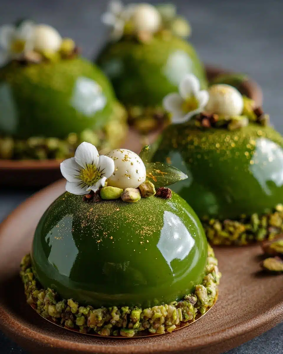 Emerald Matcha Pistachio Praline Domes are the kind of dessert that instantly makes any table feel luxurious. Their deep emerald mirror glaze catches the light like a polished gemstone, while the silky matcha mousse hides a rich pistachio praline center with just the right amount of crunch. Every bite offers a beautiful contrast of creamy, nutty, and slightly earthy flavors that somehow feel both indulgent and surprisingly balanced. The first time I experimented with matcha in a mousse dessert, I worried it might overpower everything else. Instead, it paired perfectly with roasted pistachios and creamy white chocolate. That subtle bitterness is exactly what keeps these domes from feeling too sweet. If you're looking for a dessert worthy of birthdays, dinner parties, weddings, or festive celebrations, these elegant domes are guaranteed to impress. If you enjoy gourmet desserts that look like they came straight from a luxury pastry shop, subscribe to our newsletter and receive exclusive recipes delivered directly to your inbox. Why You'll Love These Emerald Matcha Pistachio Praline Domes This elegant dessert offers far more than beautiful presentation. Here's why you'll want to make it again and again: No baking required Stunning emerald mirror glaze Creamy matcha mousse Crunchy pistachio praline center Rich yet balanced flavor Perfect make-ahead dessert Freezer friendly Restaurant-quality presentation Ideal for holidays and celebrations The combination of earthy matcha, buttery pistachios, creamy white chocolate, and crisp praline creates an unforgettable dessert that's both sophisticated and comforting. Ingredients Matcha Mousse Ingredient Amount Cream cheese, softened 450 g Heavy whipping cream 300 ml White chocolate, melted 180 g Powdered sugar 120 g Culinary-grade matcha powder 2 tbsp Vanilla extract 1 tsp Gelatin powder 2 tsp Cold water 3 tbsp Pistachio Praline Center Ingredient Amount Shelled pistachios 150 g Granulated sugar 100 g Butter 1 tbsp Heavy cream 2 tbsp Sea salt Pinch Emerald Mirror Glaze Ingredient Amount White chocolate 220 g Sweetened condensed milk 150 ml Sugar 150 g Water 120 ml Gelatin powder 10 g Green food coloring As needed Emerald edible shimmer Optional Kitchen Tools Before starting, gather the following: Silicone dome molds Electric mixer Food processor Saucepan Offset spatula Wire rack Fine mesh sieve Silicone spatula Mixing bowls Kitchen thermometer Ingredient Substitutions Need to adjust the recipe? Here are a few options. Mascarpone can replace the cream cheese for a richer mousse. Almonds may replace pistachios if necessary. Dark chocolate can replace white chocolate for a deeper flavor. Agar-agar can substitute gelatin following package directions. Vanilla bean paste may replace vanilla extract for extra flavor. How to Make Emerald Matcha Pistachio Praline Domes Step 1: Prepare the Pistachio Praline Toast the pistachios in a dry skillet until fragrant. Meanwhile, melt the sugar in a saucepan over medium heat until it becomes a deep amber caramel. Add the toasted pistachios and butter, stirring until evenly coated. Spread the mixture onto parchment paper and allow it to cool completely. Break the praline into pieces and pulse half of it in a food processor with the heavy cream until it becomes a thick paste. Reserve the remaining pieces for garnish. Freeze small portions of the praline filling until firm. Step 2: Prepare the Matcha Mousse Beat the softened cream cheese until smooth. Mix in the powdered sugar and vanilla extract. Whisk the matcha powder with a small amount of warm cream to remove any lumps before adding it to the mixture. Bloom the gelatin in cold water, melt gently, and stir it into the mousse. Whip the heavy cream until soft peaks form and carefully fold it into the mixture along with the melted white chocolate. The mousse should be silky, airy, and a vibrant natural green. Step 3: Assemble the Domes Fill each silicone mold halfway with the matcha mousse. Place one frozen pistachio praline center in the middle. Cover completely with more mousse. Smooth the tops using an offset spatula. Freeze overnight until completely firm. Honestly, this overnight freezing step makes all the difference. It gives you perfectly shaped domes that are easy to glaze. Step 4: Make the Emerald Mirror Glaze Bloom the gelatin. Heat the water and sugar until dissolved. Remove from the heat and stir in the condensed milk, gelatin, and chopped white chocolate. Blend until smooth. Add green food coloring a little at a time until you achieve a rich emerald shade. Strain the glaze through a fine sieve and allow it to cool to about 33°C. Step 5: Glaze the Domes Place the frozen domes on a wire rack over a baking tray. Slowly pour the emerald glaze over each dome in one continuous motion. Allow the excess glaze to drip away. Decorate with chopped pistachios, edible gold leaf, or a light dusting of matcha powder for an elegant finish. Serving Suggestions These luxurious domes pair wonderfully with: Fresh raspberries Strawberries White chocolate curls Roasted pistachios Matcha tea Espresso Fresh mint Vanilla whipped cream Serve them well chilled for the smoothest texture and cleanest slices. Expert Tips Professional-looking results are easier than you might think. Freeze the domes completely before glazing. Sift the matcha powder to prevent lumps. Use high-quality culinary matcha. Strain the mirror glaze for a flawless finish. Pour the glaze only once. Decorate while the glaze is still slightly tacky. The first time you see that emerald glaze shine like polished glass, you'll understand why mirror-glazed desserts are so popular. Storage Instructions Store the finished domes in an airtight container in the refrigerator for up to four days. Freeze unglazed domes for up to two months. Allow frozen desserts to thaw overnight in the refrigerator before serving. Nutritional Information (Approximate Per Serving) Nutrient Amount Calories 385 Protein 7 g Fat 29 g Carbohydrates 27 g Sugar 22 g Fiber 2 g Sodium 180 mg Frequently Asked Questions Can I make these ahead of time? Yes. The domes freeze beautifully, making them an excellent make-ahead dessert. Can I use ceremonial matcha? You can, but culinary-grade matcha is more economical and performs better in desserts. Why did my mirror glaze slide off? The domes were likely not frozen enough, or the glaze was too warm. Can I skip the praline center? Absolutely. The mousse alone is delicious, although the crunchy praline adds wonderful texture and contrast. Conclusion Emerald Matcha Pistachio Praline Domes combine smooth matcha mousse, buttery pistachio praline, and a brilliant emerald mirror glaze into a dessert that's every bit as beautiful as it is delicious. Each bite balances creamy, crunchy, earthy, and sweet flavors, creating an unforgettable experience worthy of the finest pastry shops. Whether you're celebrating a birthday, hosting an elegant dinner, or simply challenging yourself with a gourmet dessert project, these Emerald Matcha Pistachio Praline Domes are guaranteed to impress. Once you've mastered them, you'll have a stunning centerpiece that looks almost too beautiful to eat. If you try this recipe, leave a review below, share your photos on Pinterest, and inspire other dessert lovers with your own Emerald Matcha Pistachio Praline Domes.