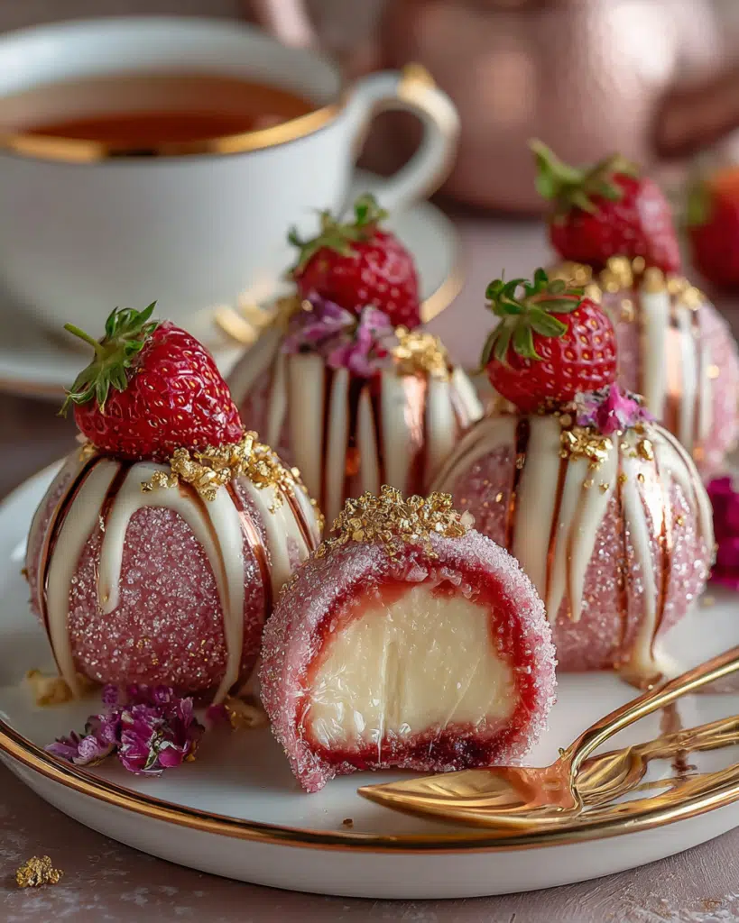 Rose Gold Strawberry Coconut Cream Bombs with Shiny Shell – Easy No-Bake Dessert Recipe