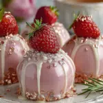 Rose Gold Strawberry Coconut Cream Bombs with Shiny Shell – Easy No-Bake Dessert Recipe