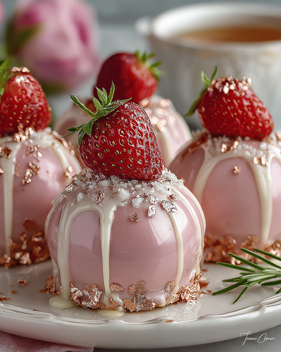 Rose Gold Strawberry Coconut Cream Bombs with Shiny Shell – Easy No-Bake Dessert Recipe