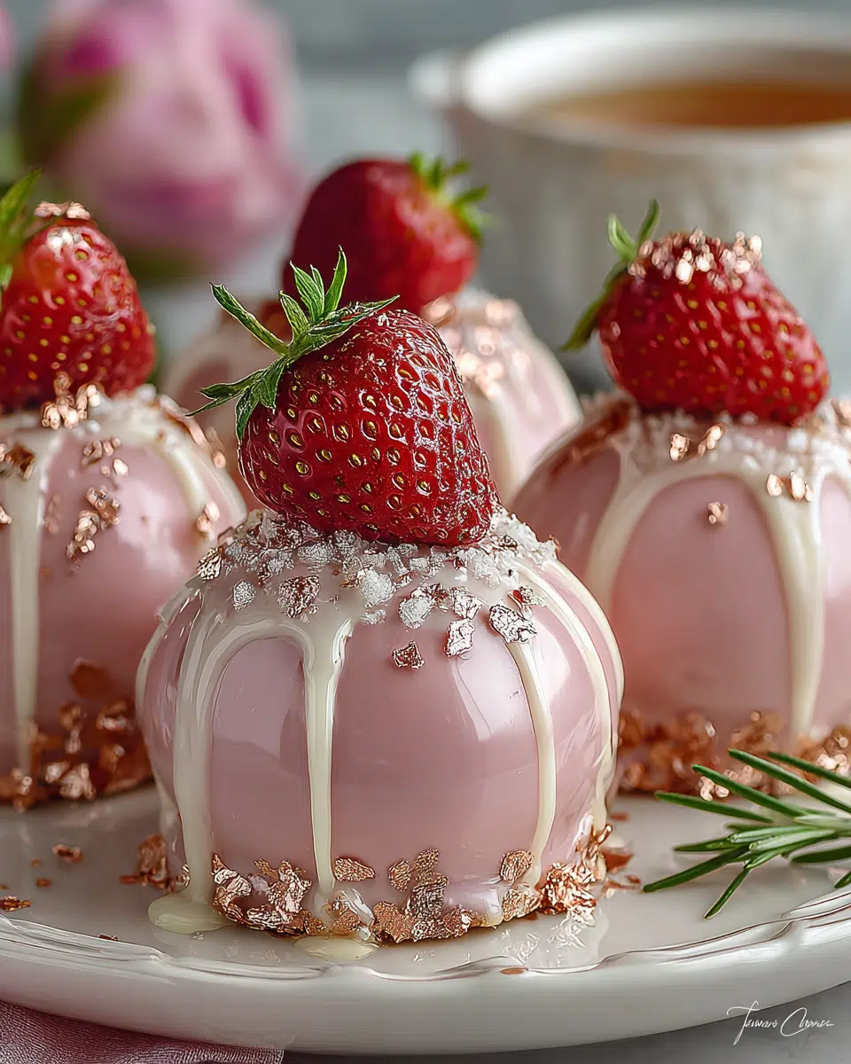 Rose Gold Strawberry Coconut Cream Bombs with Shiny Shell – Easy No-Bake Dessert Recipe