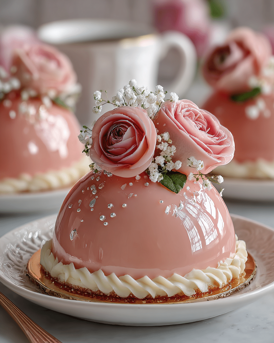 Vanilla Rose Mirror Glaze Dream Domes with Soft Cream Center
