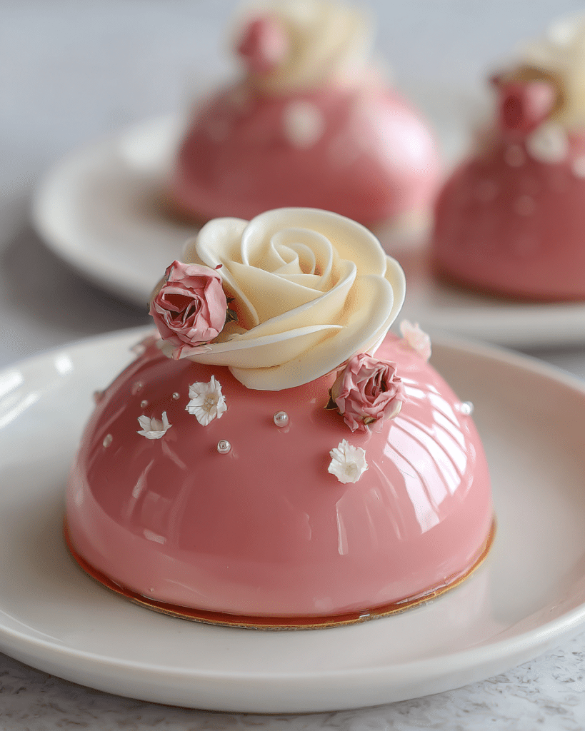 Vanilla Rose Mirror Glaze Dream Domes with Soft Cream Center