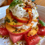 Watermelon, Nectarine & Burrata Stacks with Basil Oil and Hot Honey