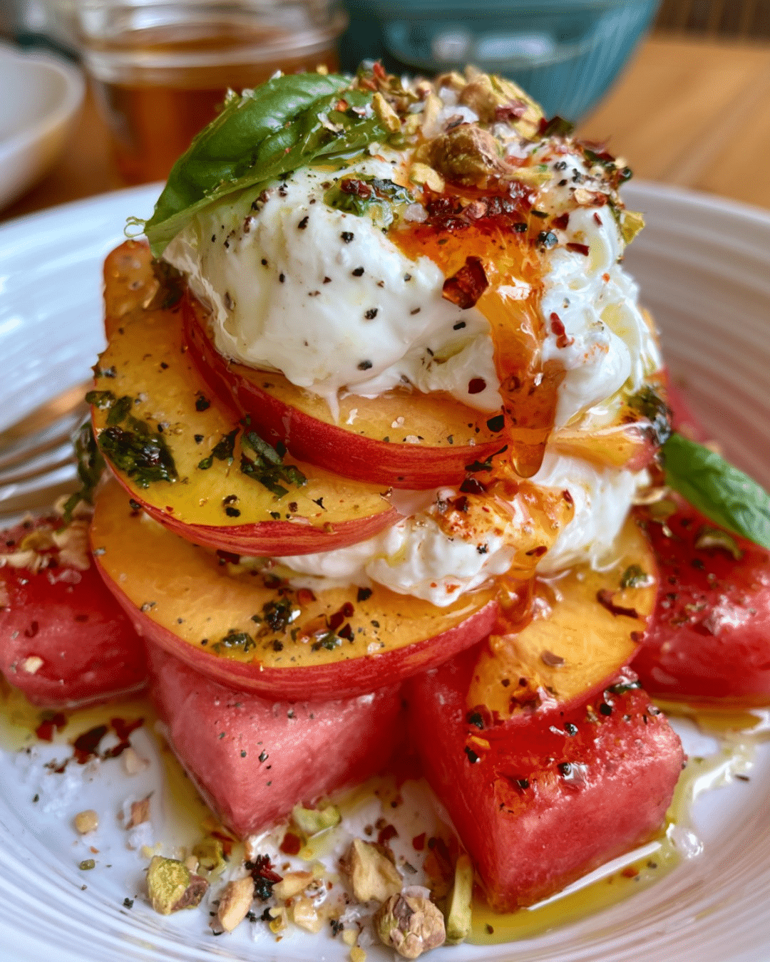 Watermelon, Nectarine & Burrata Stacks with Basil Oil and Hot Honey
