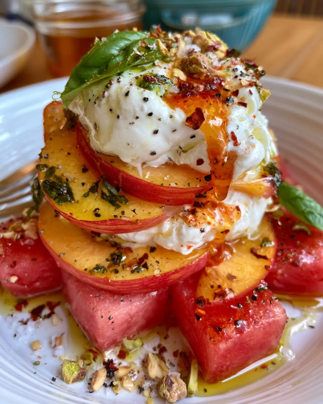 Watermelon, Nectarine & Burrata Stacks with Basil Oil and Hot Honey